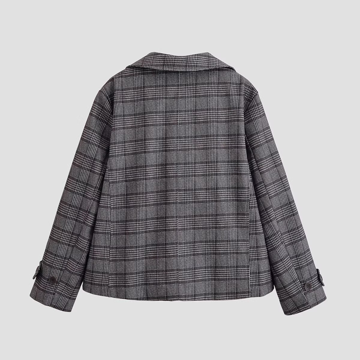 Commuter style minimalist plaid double breasted jacket