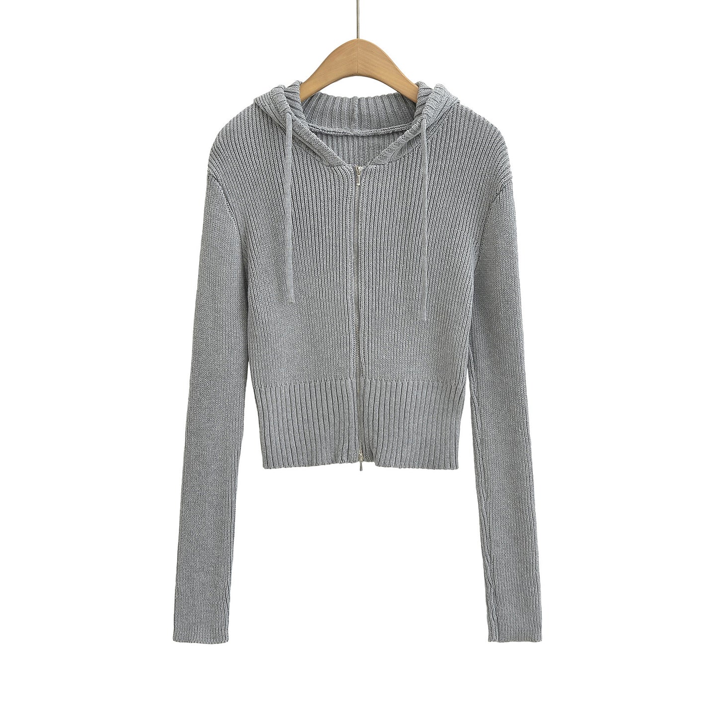 Drawstring hooded double zipper long sleeved sweater