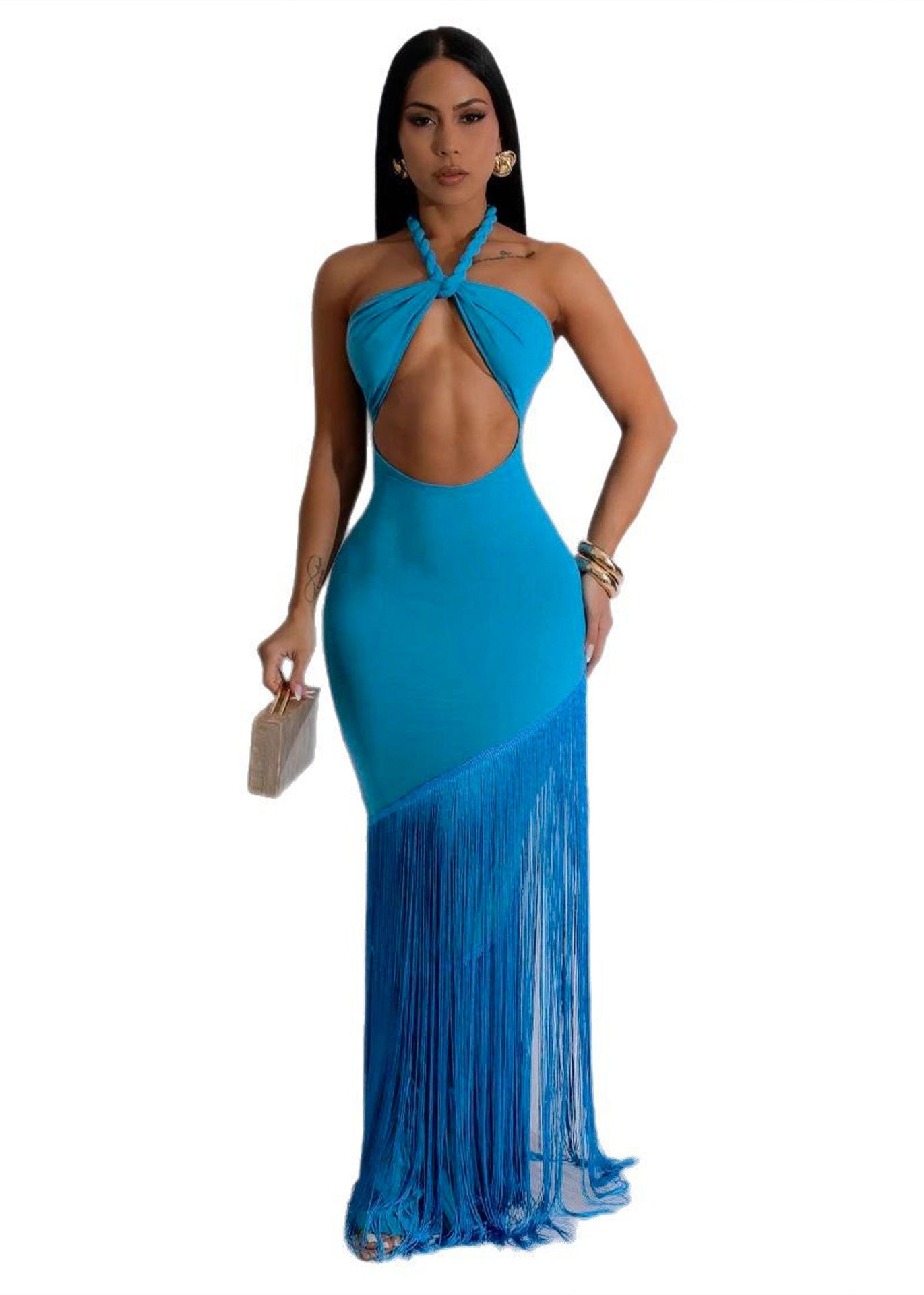 Dress Women's Hollow-Out Design Sleeveless Halter Bodycon Fringe Long Dress