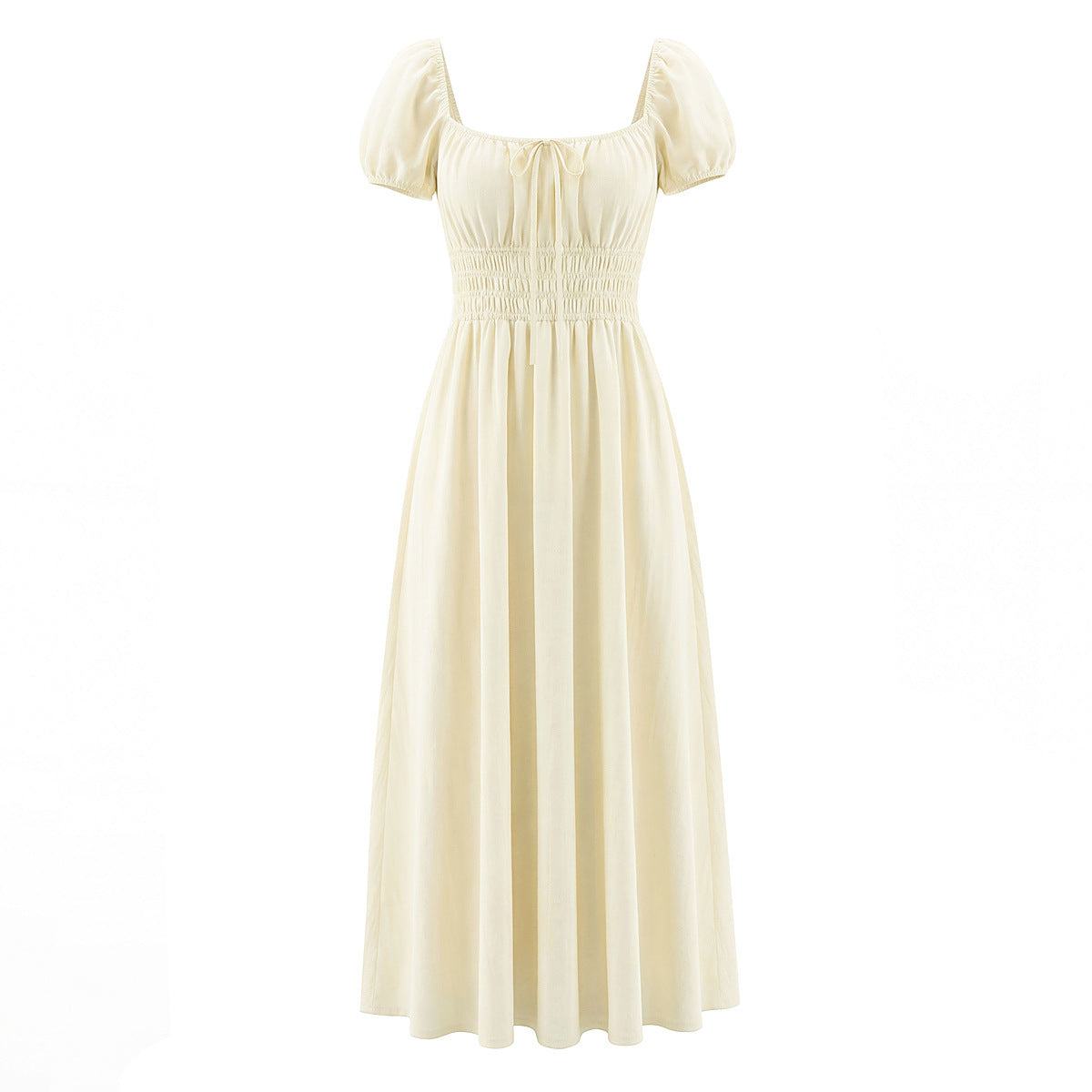 U-neck lace up bubble sleeve waist cinching dress long skirt