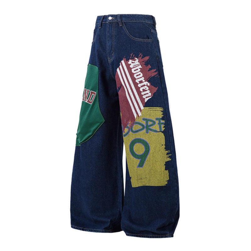 Color-block Printed Flared Jeans Women Loose Casual Wide Leg Pants